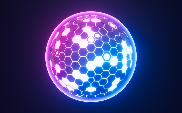 Esfera hexagonal abstracta esfera de neón brillante renderización en 3D