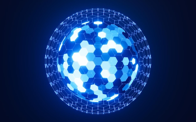 Esfera hexagonal abstracta esfera de neón brillante renderización en 3D