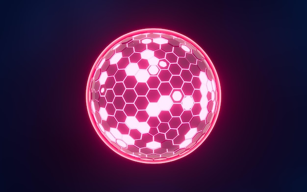 Esfera hexagonal abstracta esfera de neón brillante renderización en 3D