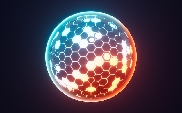Esfera hexagonal abstracta esfera de neón brillante renderización en 3D