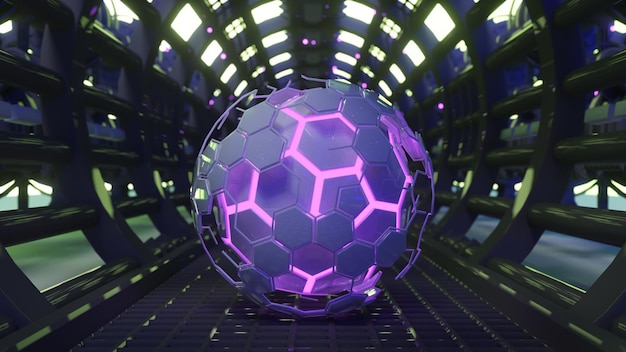 Foto esfera hexagonal brillante púrpura en el túnel d futurista