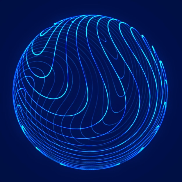 Esfera con líneas de giro Tecnología Wireframe Sfera azul renderizado en 3D