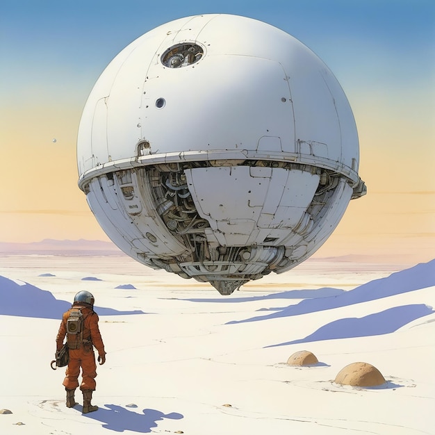 Una esfera mecánica flotando sobre un desierto blanco Moebius por Leonardo AlbedoBase XL