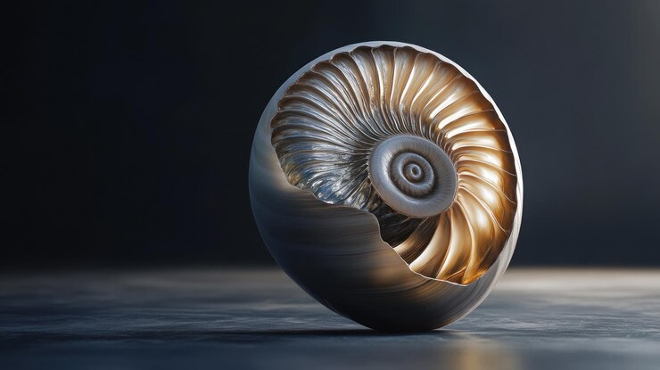 Foto esfera metálica abstracta con un fondo oscuro interior en forma de concha espiral