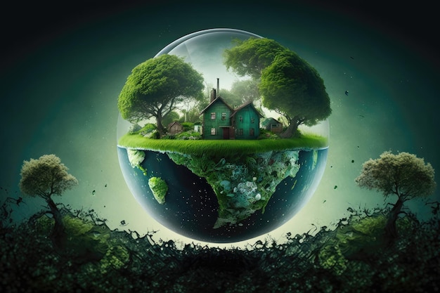 Esfera del mundo verde con fondo de naturaleza de casas y árboles