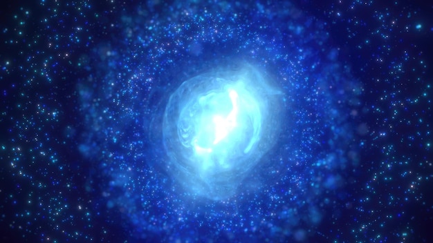 Una esfera de nebulosa azul vibrante con un núcleo brillante rodeado de partículas relucientes
