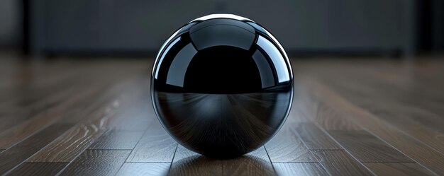 Esfera negra minimalista en piso de madera Elemento de diseño simple y enfocado Icono abstracto Geométrico