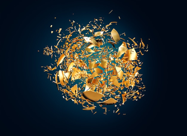 Esfera de oro que se destruye en pequeños fragmentos. Render 3d