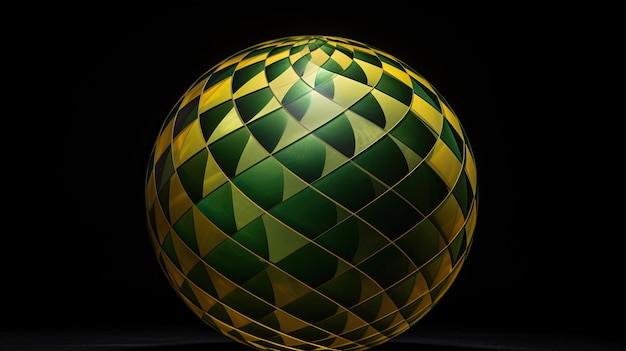 Una esfera con un patrón de rombos en tonos verdes y amarillos.