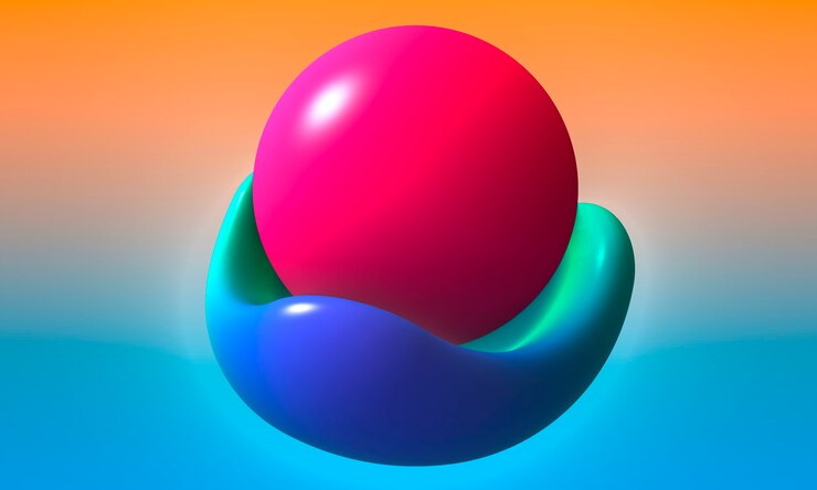 Foto esfera de perla rosa sobre mesa azul, melocotón y fondo azul. representación 3d.