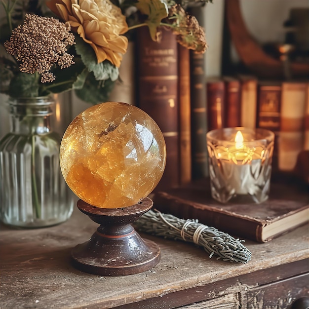 Foto esfera de piedra preciosa de cristal de citrino dorado en una base con libros y luz de vela