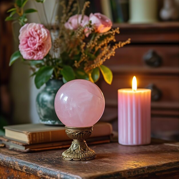 Esfera de piedra preciosa de cuarzo rosa en una base con libros y luz de vela