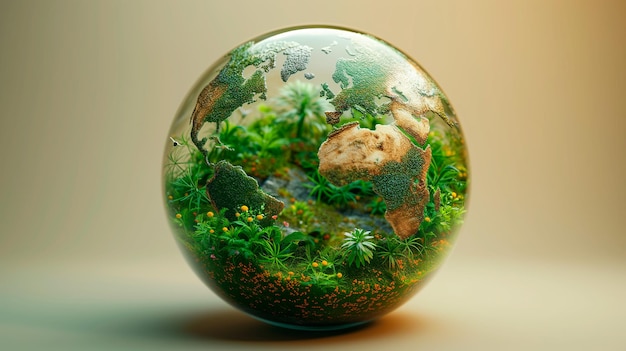 Esfera del planeta Tierra con plantas y flores concepto del Día de la Tierra en fondo blanco