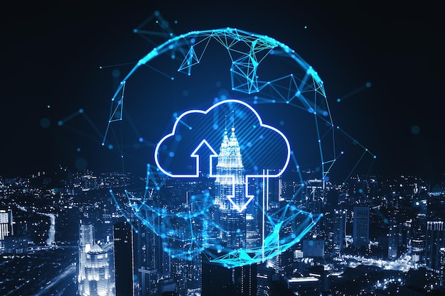 Esfera poligonal brillante abstracta con nubes y flechas en el fondo borroso de la ciudad nocturna Computación en la nube y concepto de base de datos Doble exposición