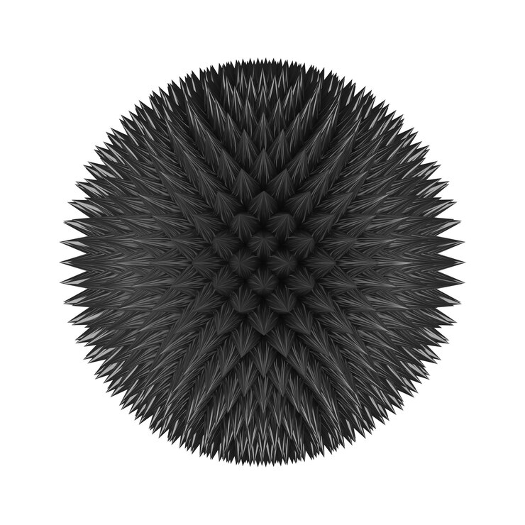Foto esfera preta com pontas diretamente acima contra fundo branco
