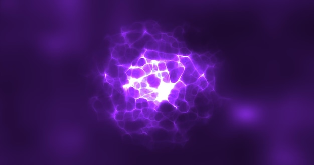 Esfera redonda de energía púrpura abstracta que brilla intensamente con ondas de partículas magia digital de alta tecnología