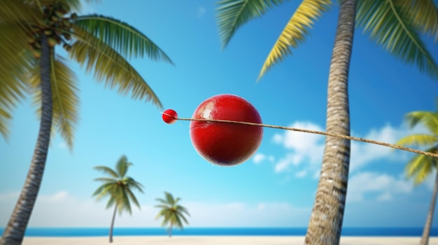 Una esfera roja cuelga de una palmera en una playa.