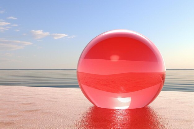 Foto una esfera roja situada en lo alto de una playa junto al océano