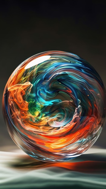 Esfera transparente con colores líquidos girando y volviendo en picado parecido a una onda de tsunami girando.
