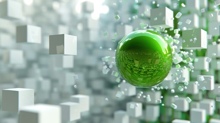 Esfera verde superando cubos blancos que ilustran la velocidad y el movimiento en un fondo dinámico