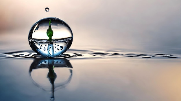 Foto esfera de vidrio con agua y hoja en el mar