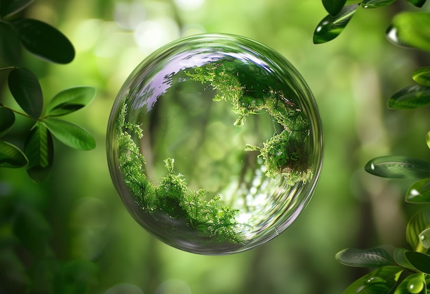 Una esfera de vidrio con musgo verde creciendo en ella La esfera está rodeada de hojas y ramas verdes