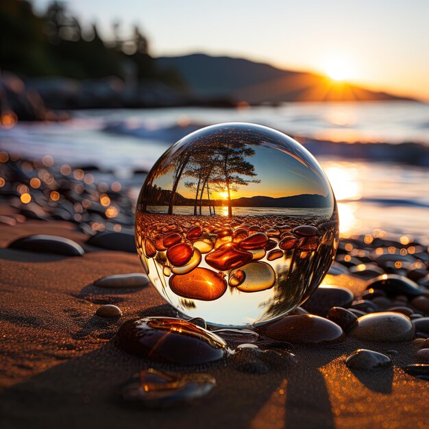 una esfera de vidrio con una puesta de sol en el fondo