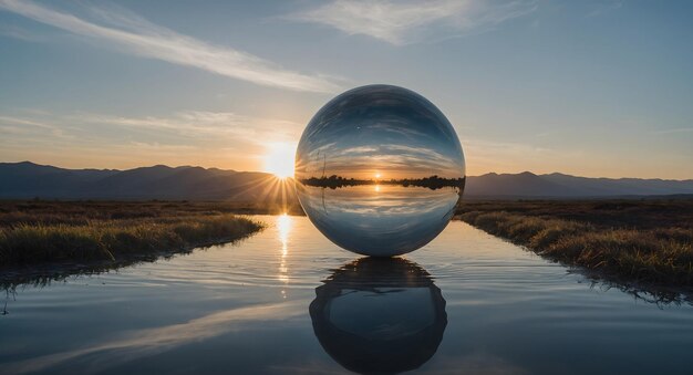 una esfera de vidrio con el sol poniéndose detrás de ella