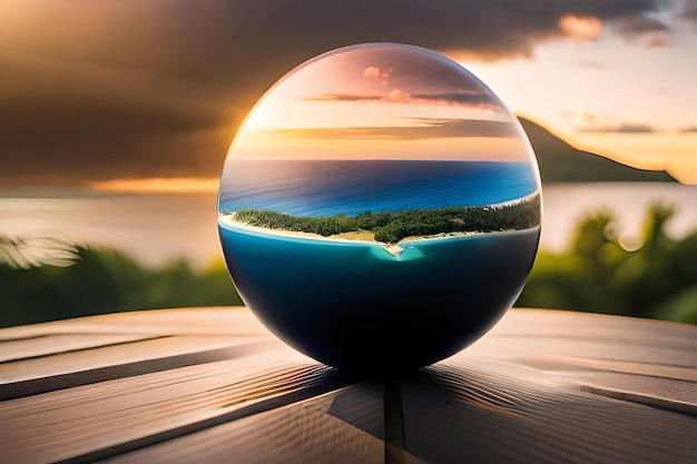 Una esfera con vista al lago y montañas al fondo.