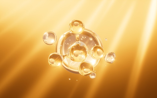 Esferas abstractas doradas moléculas doradas y esferas de vidrio concepto cuidado de la piel cosméticos fondo renderización 3d