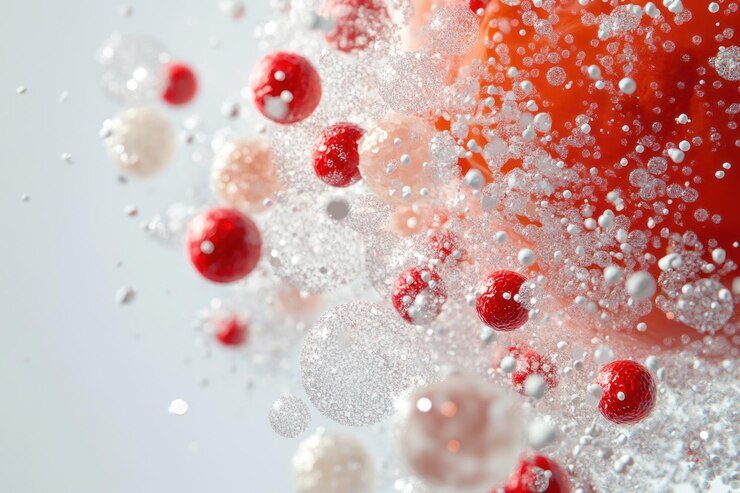 Foto esferas abstractas rojas y blancas explotando en líquido