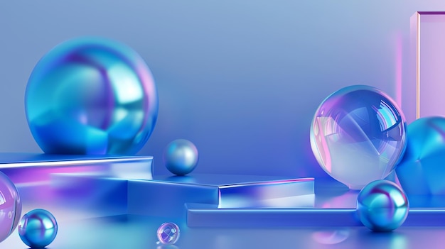 Esferas azules y iridescentes abstractas en 3D y podios geométricos