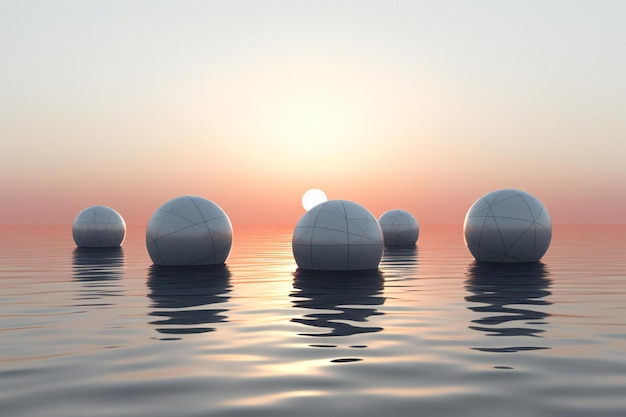 Esferas blancas flotando en el agua con fondo de puesta de sol