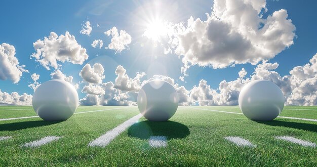 Esferas brancas brilhantes na grama verde exuberante sob a luz do sol no estádio