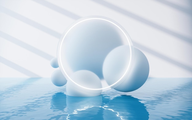 Esferas brancas com renderização 3d de superfície de água