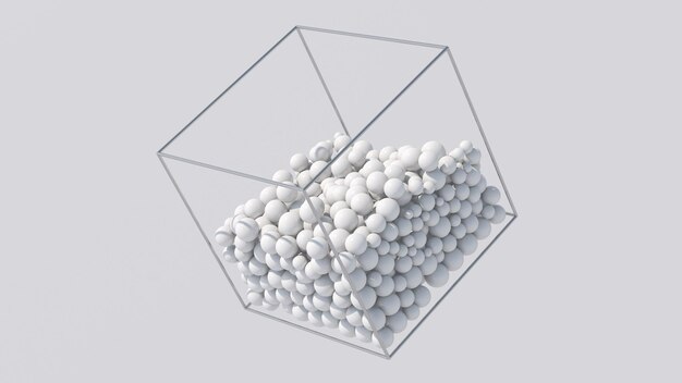 Foto esferas brancas dentro de um cubo metálico fundo branco ilustração abstrata renderização 3d