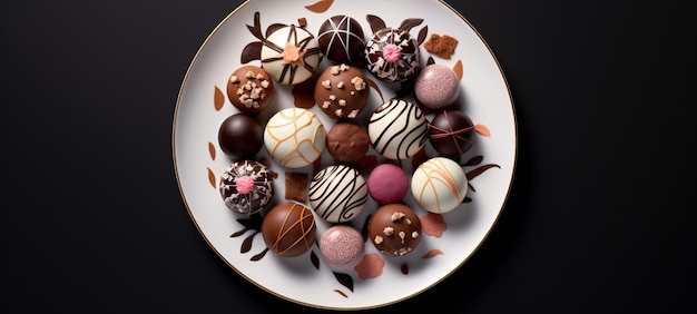 Foto esferas de chocolate en un plato vista superior ia generativa