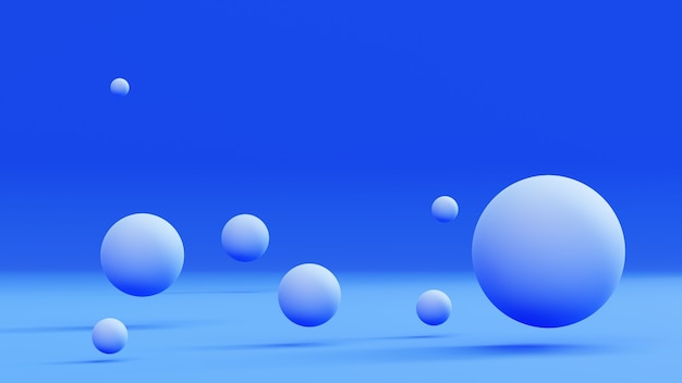 Esferas crescentes sobre um fundo azul. Renderização 3d abstrata.