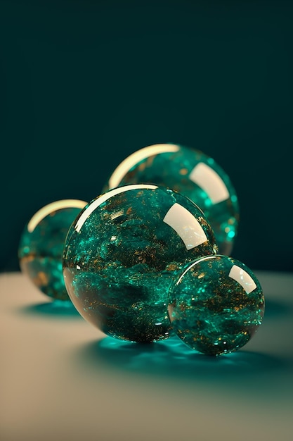 esferas de cristal verdes en el fondo oscuro