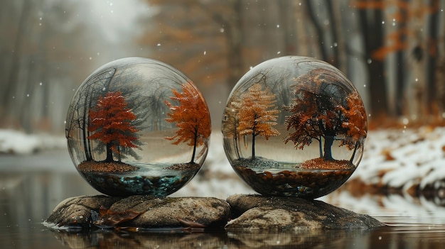 Esferas de cristal com árvores no interior estão alinhadas uma ao lado da outra contra um fundo natural desfocado reflete uma fase separada do desenvolvimento da árvore do outono ao inverno