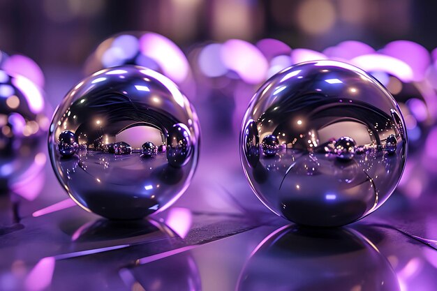 Esferas de espelho que refletem tons roxos