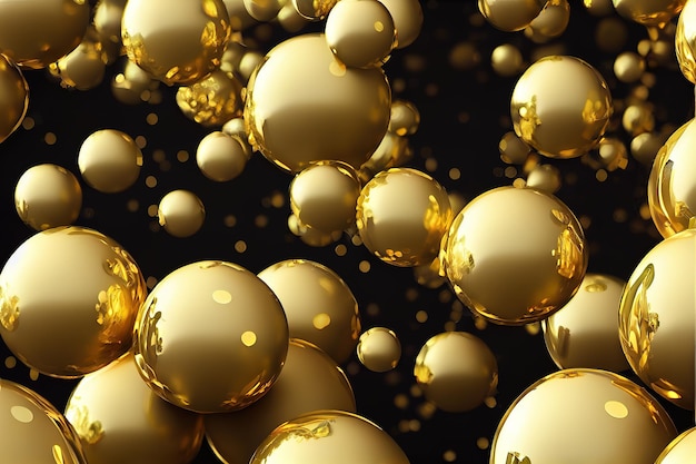 Esferas de ouro em renderização 3d de fundo preto