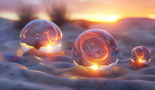 Esferas de vidro numa praia de areia ao pôr-do-sol O conceito de mística e reflexo