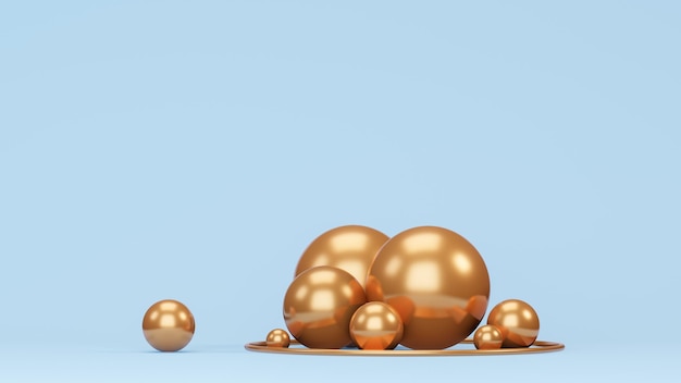 esferas doradas sobre fondo azul 3d render