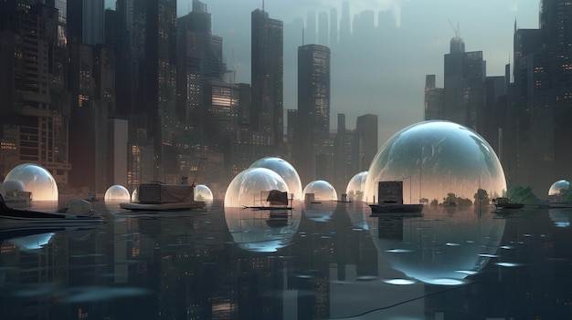 Esferas flotantes futuristas en el paisaje urbano renderizado en 3D del agua