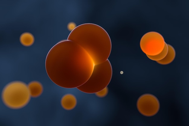 Esferas naranjas y representación 3d distribuida aleatoriamente del modelo molecular