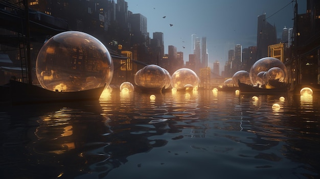 Esferas subaquáticas futuristas em uma cidade inundada 3D renderizada imagem cinematográfica em Octane Render