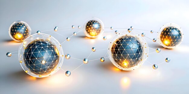 Esferas tecnológicas planas con borde con nodos brillantes y concepto de espacio de copia como una característica del marco de borde