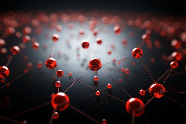 Esferas vermelhas em uma imagem conceitual de rede criam contraste contra o fundo escuro