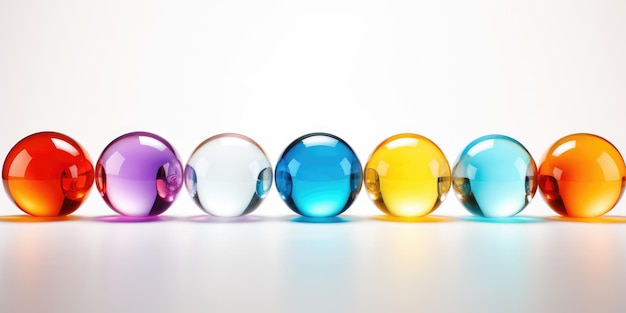 Esferas de vidrio de colores esferas brillantes y brillantes colección 3D fondo multicolor día soleado de verano